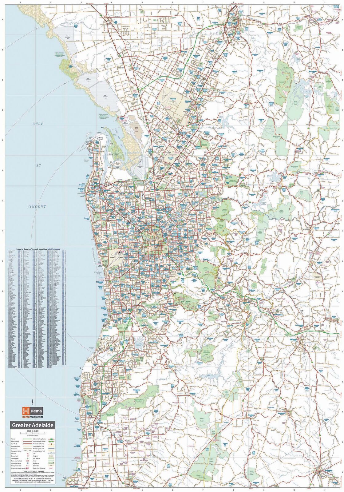 Hema Greater Adelaide map side showing the city, suburbs and Adelaide Hills along Gulf St Vincent