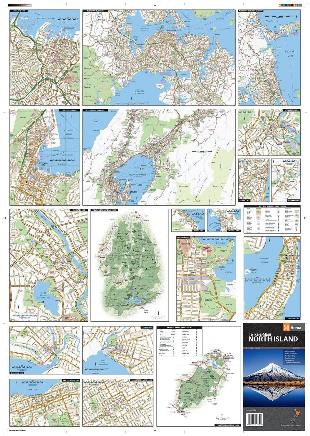 Reverse side of the Hema North Island map with city maps and a Te Urewera National Park map