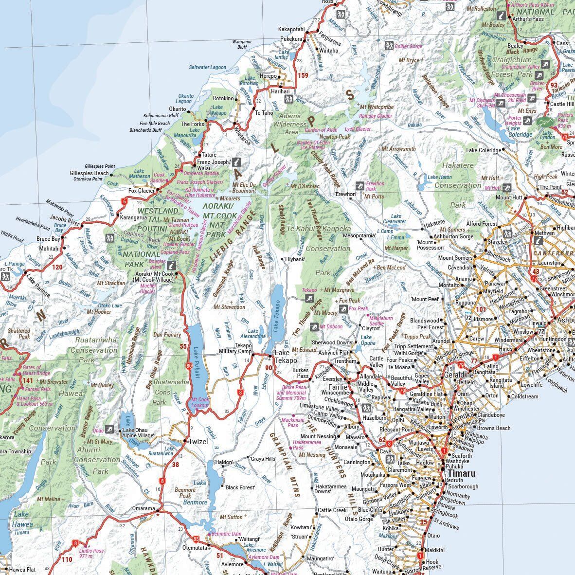 Close-up of the Hema South Island map around Aoraki / Mount Cook, Lake Tekapo and Timaru