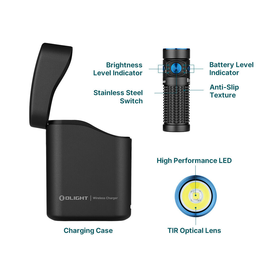 Olight Baton 4 Premium Edition in Black showing the charging case, indicators, stainless steel switch and TIR lens