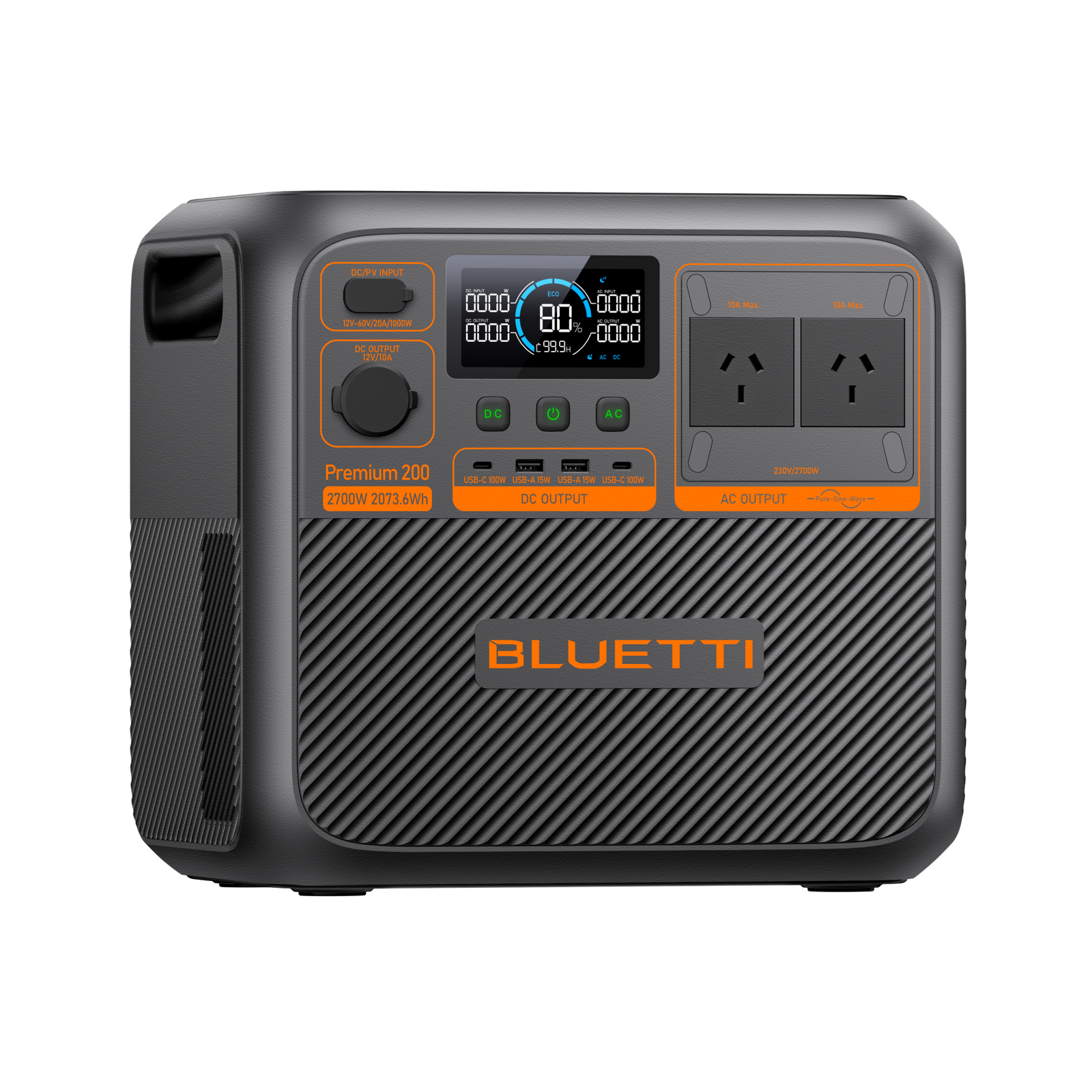 BLUETTI Premium 200 V2 portable power station, angled side view