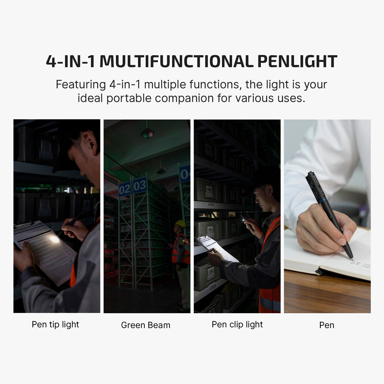 Olight Open 3 4-in-1 Multifunctional Penlight used for writing, pen tip light, green beam, and pen clip light.