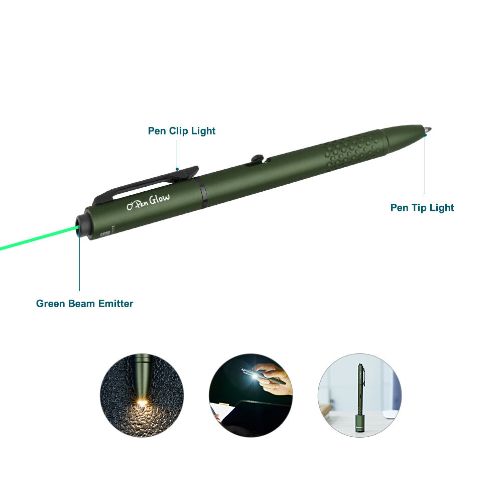 Olight Open Glow in OD Green showing the pen clip light, pen tip light and green beam emitter