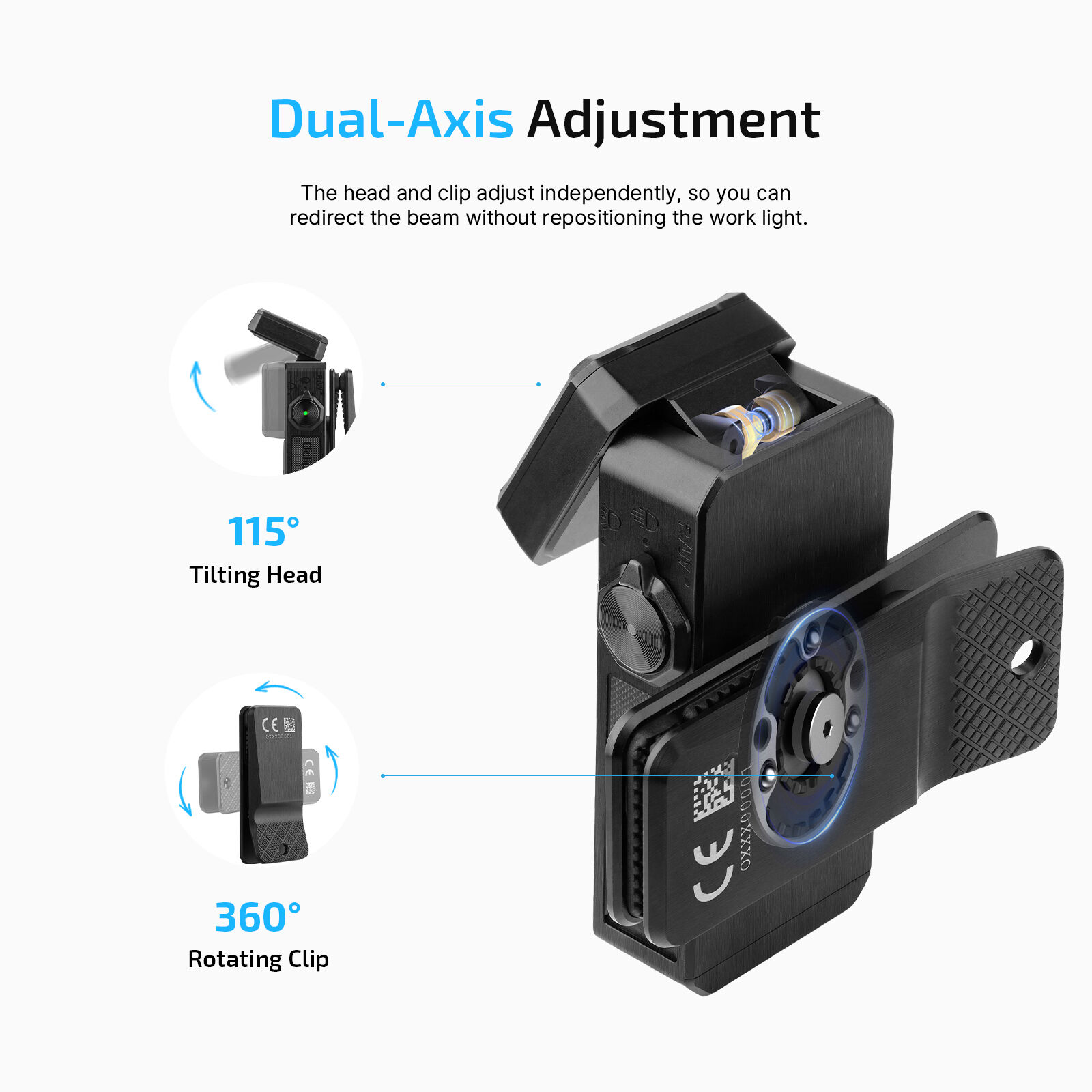 Black Olight Oclip 2 Ultra Clip-on Light showing Dual-Axis Adjustment with 115-degree Tilting Head and 360-degree Rotating Clip
