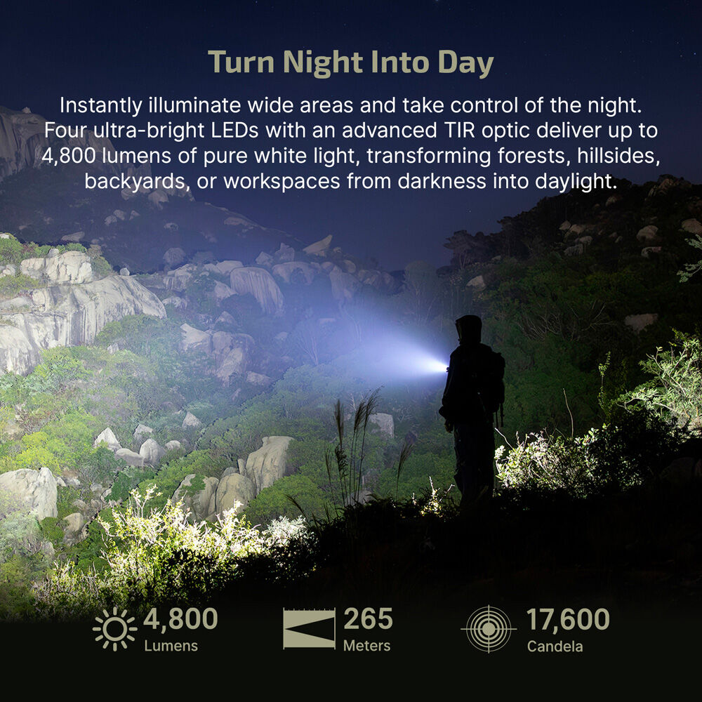 Olight Seeker Ultra 4800 lumen torch lighting up a rocky hillside and trees at night