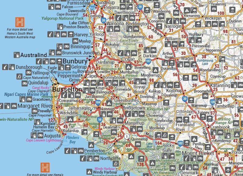Close-up of the Hema WA Handy Map around Bunbury, Busselton and Margaret River