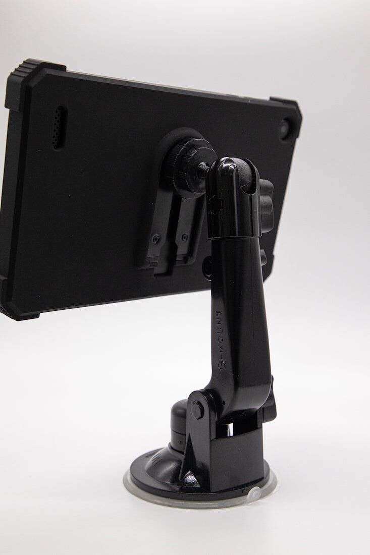 Rear view of the Hema HX-2 on the windscreen mount showing the adjustable arm