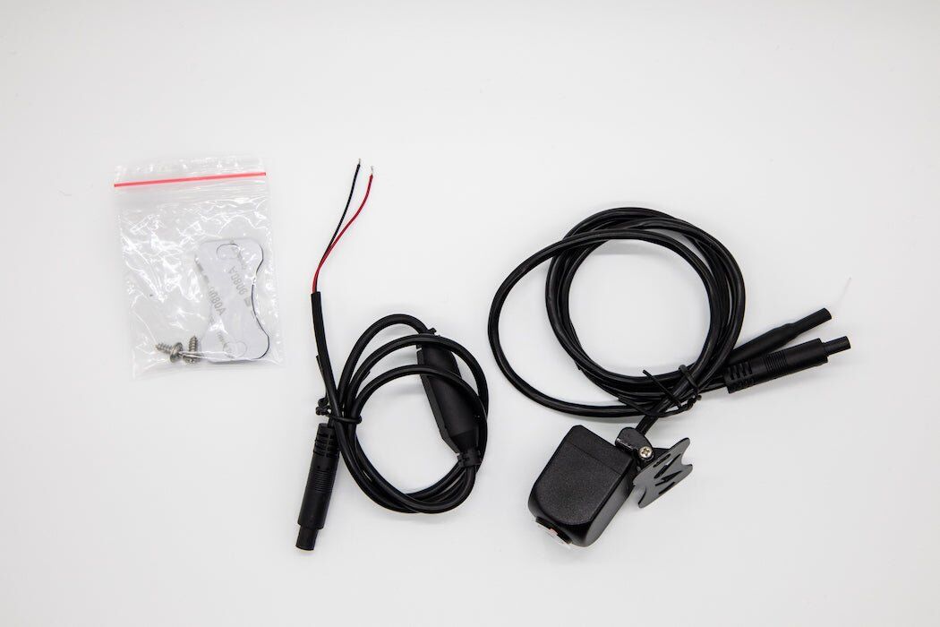 Hema Wi-Fi reversing camera laid out with its leads and fixings