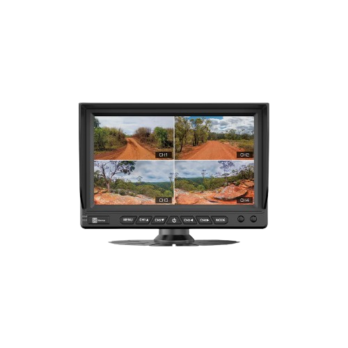 Hema HM-MNT monitor showing four camera views in quad split mode