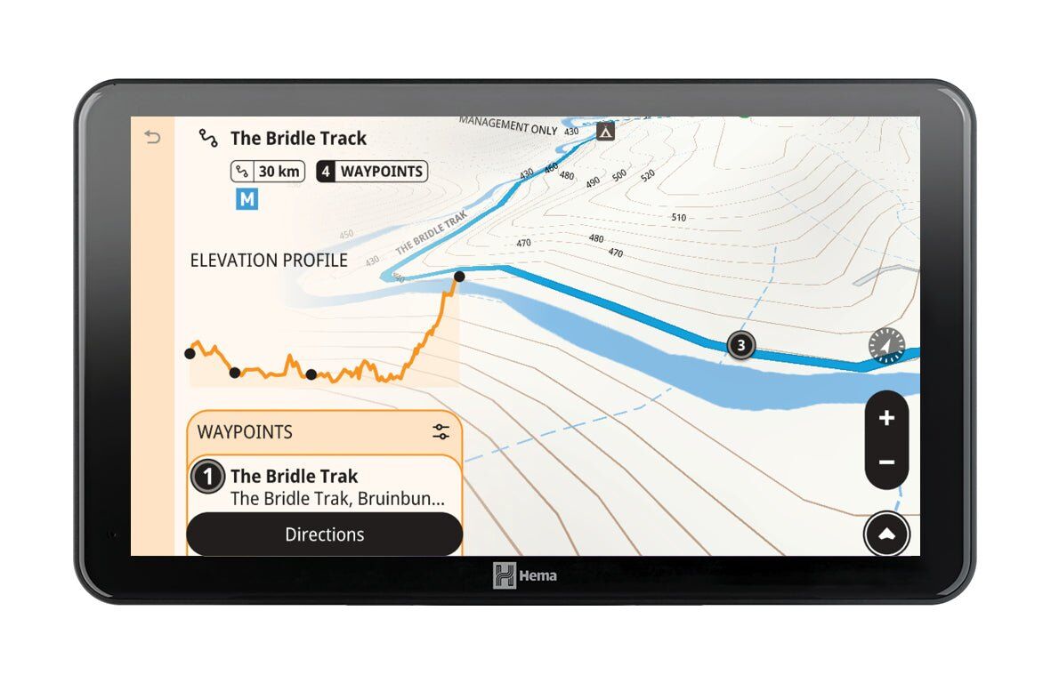 Hema HR-1 Nav screen showing off-road track guidance with waypoints and an elevation profile