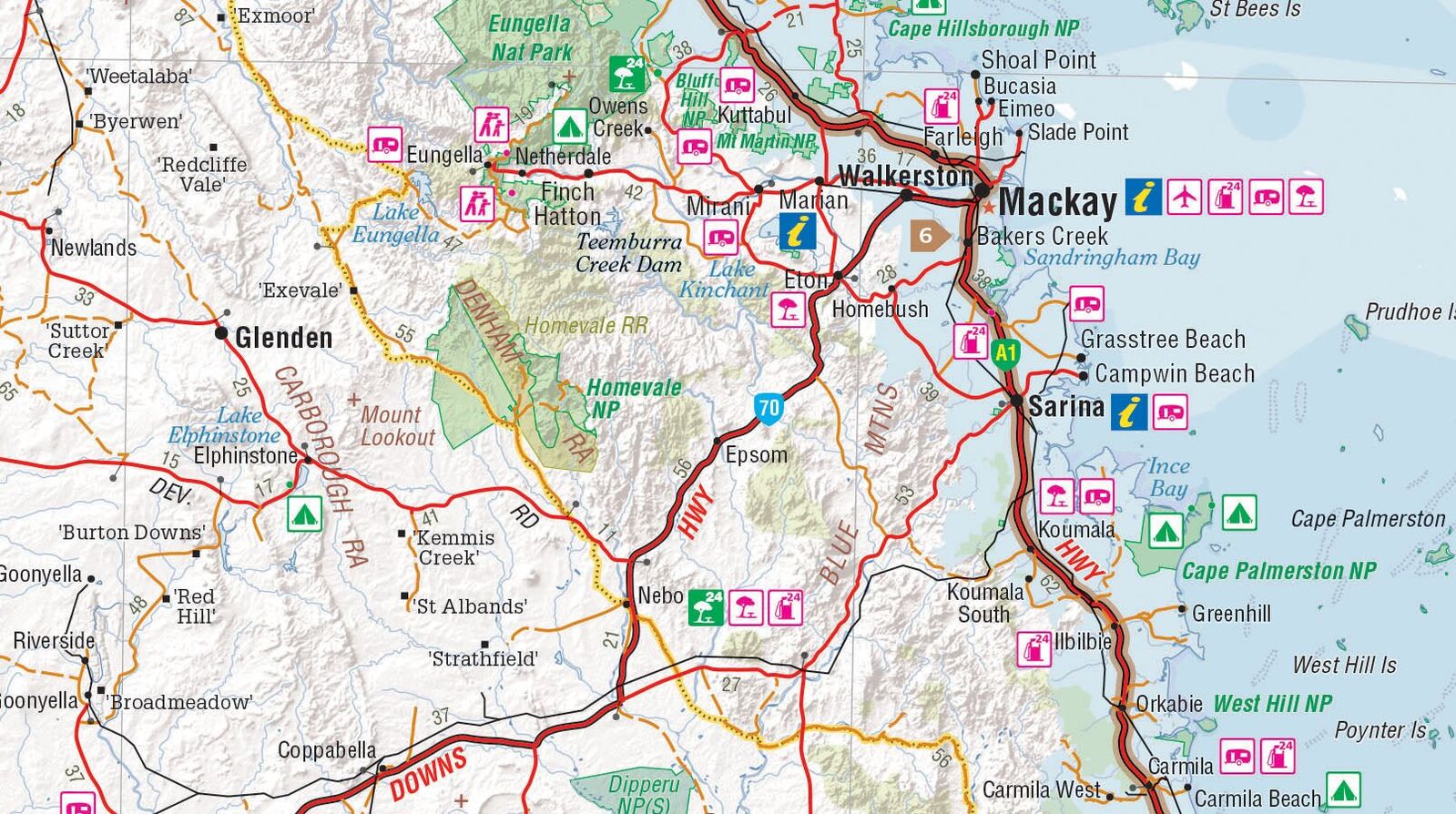 Close-up of the Hema Brisbane to Cairns map around Mackay with camping, caravan park and fuel symbols