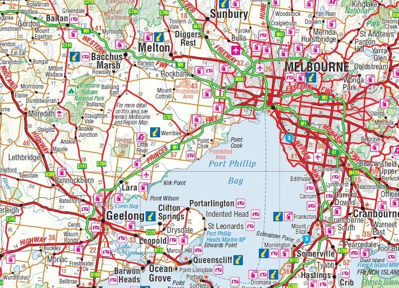 Close-up of the Hema Victoria Handy Map around Melbourne, Geelong and Port Phillip Bay