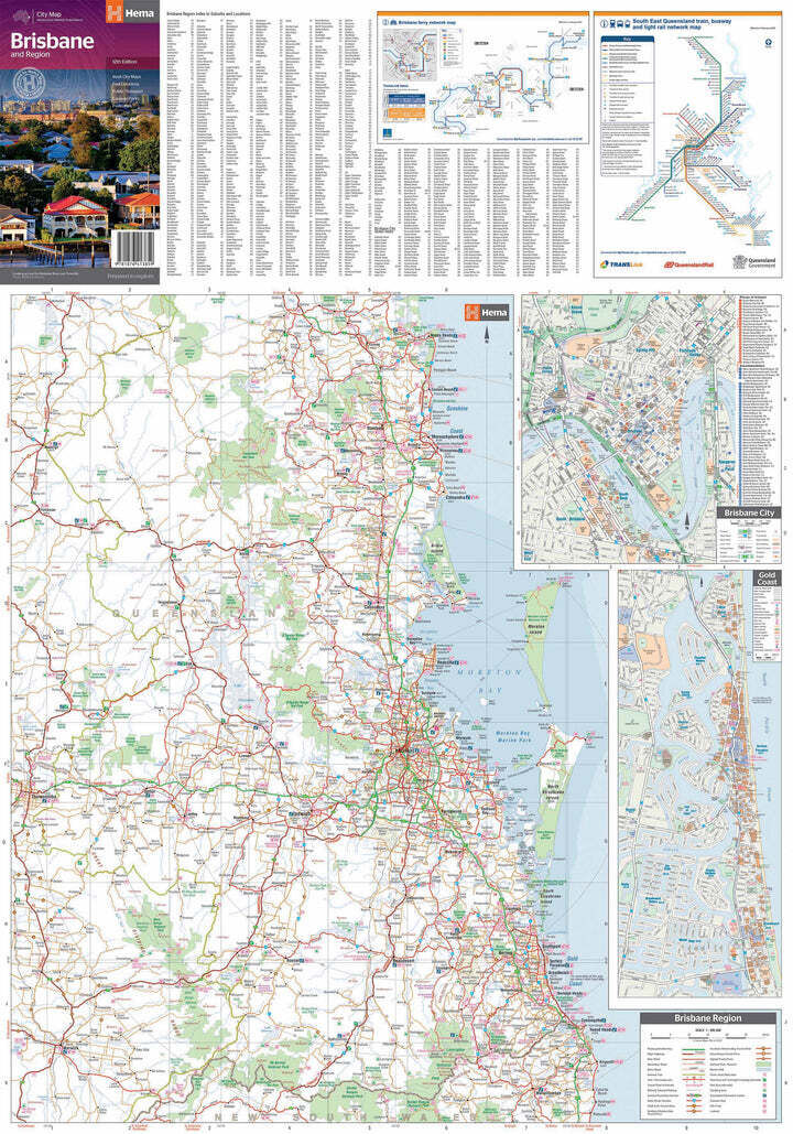 Reverse of the Hema Brisbane map with the regional overview, city and Gold Coast insets and rail map