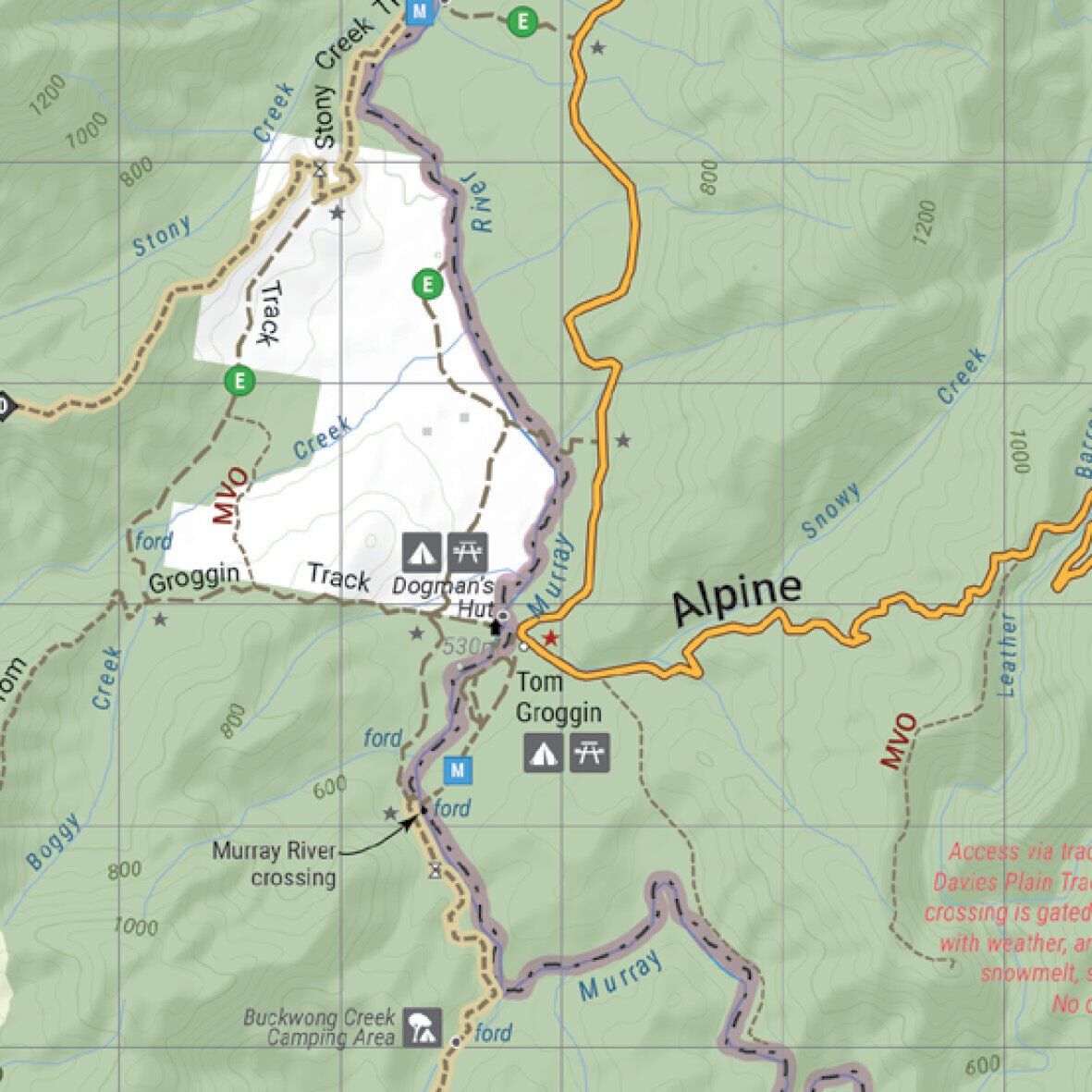 Close-up of the Hema map showing the Murray River crossing, Tom Groggin and Dogmans Hut