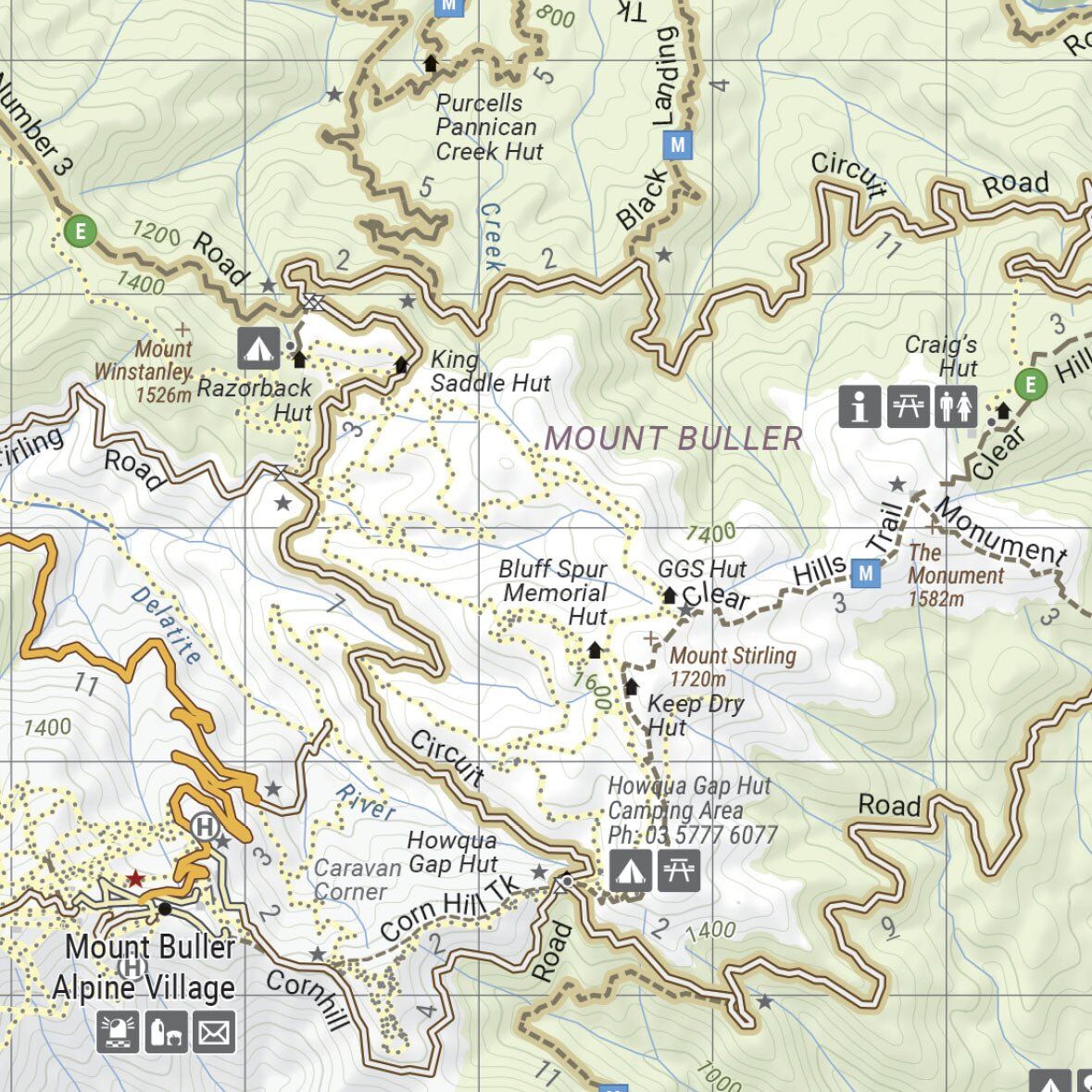 Close-up of the Hema map around Mount Buller and Mount Stirling showing huts, camps and Craig's Hut
