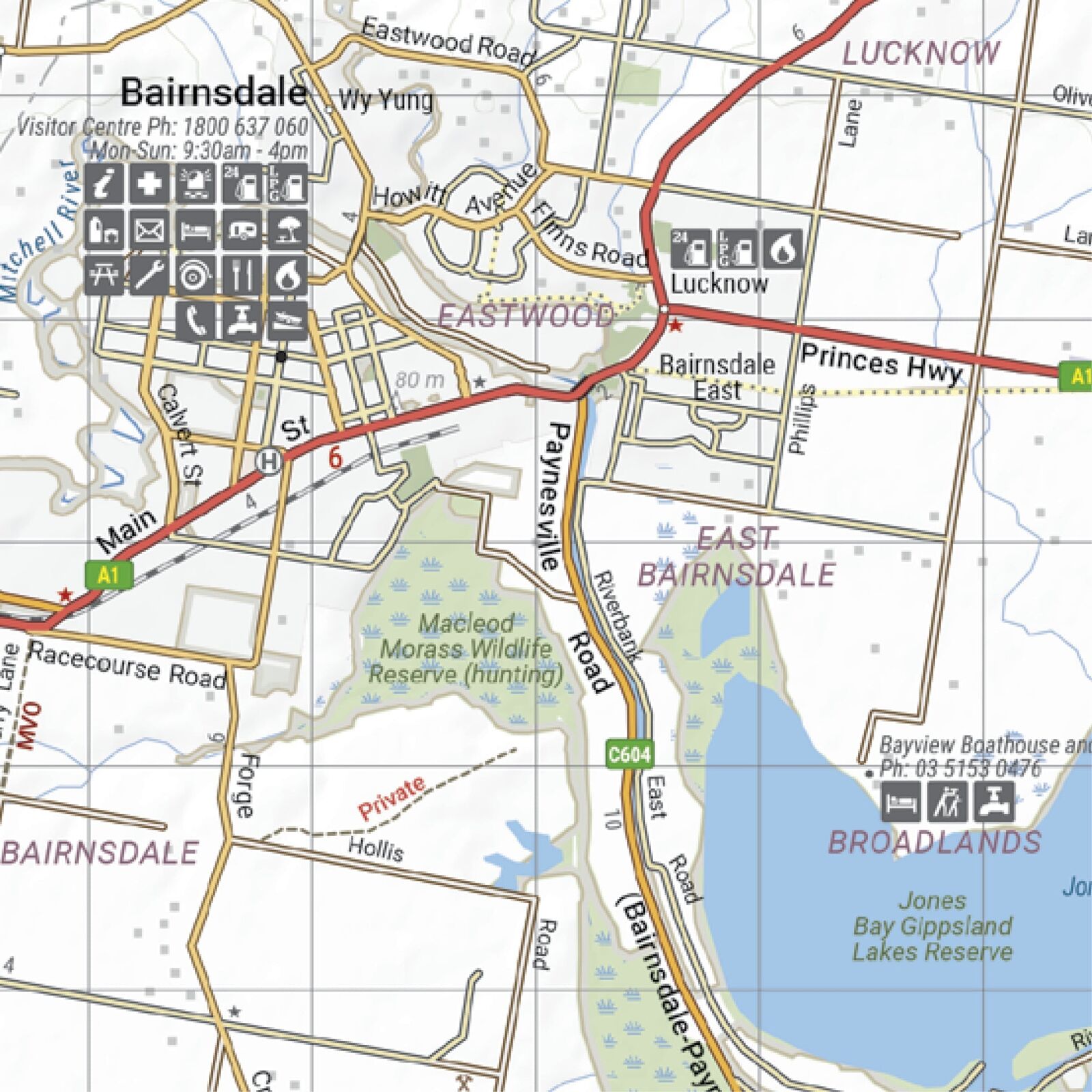 Close-up of the Hema map around Bairnsdale, Lucknow and the Gippsland Lakes
