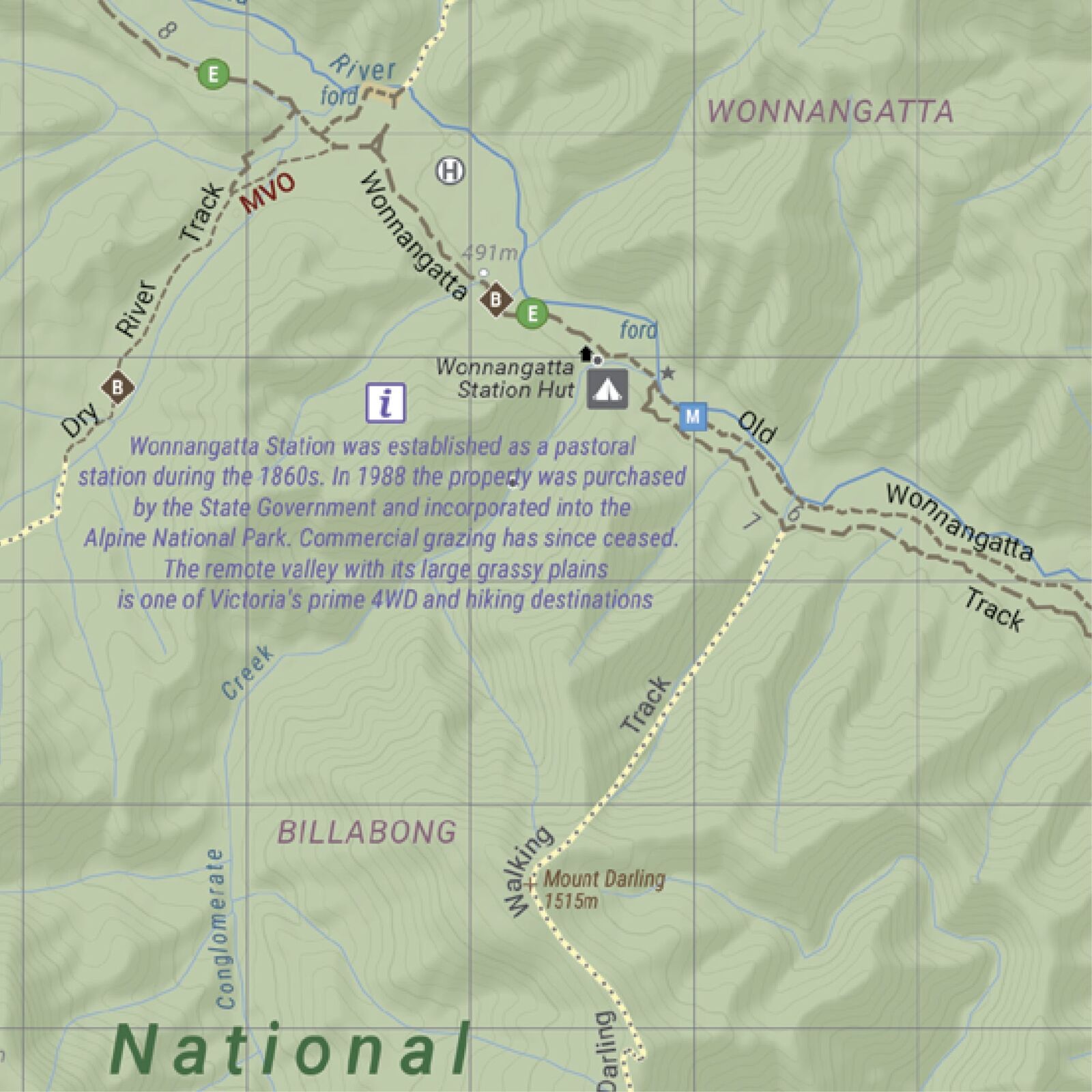 Close-up of the Hema map showing Wonnangatta Station Hut, river fords and historical notes