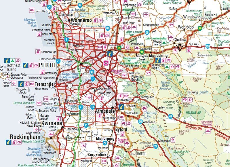 Close-up of the Hema Perth region map from Wanneroo to Rockingham and the Perth Hills