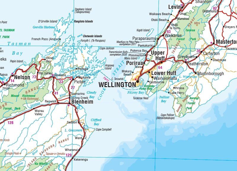 Close-up of the Hema New Zealand map around Wellington, Nelson and Blenheim