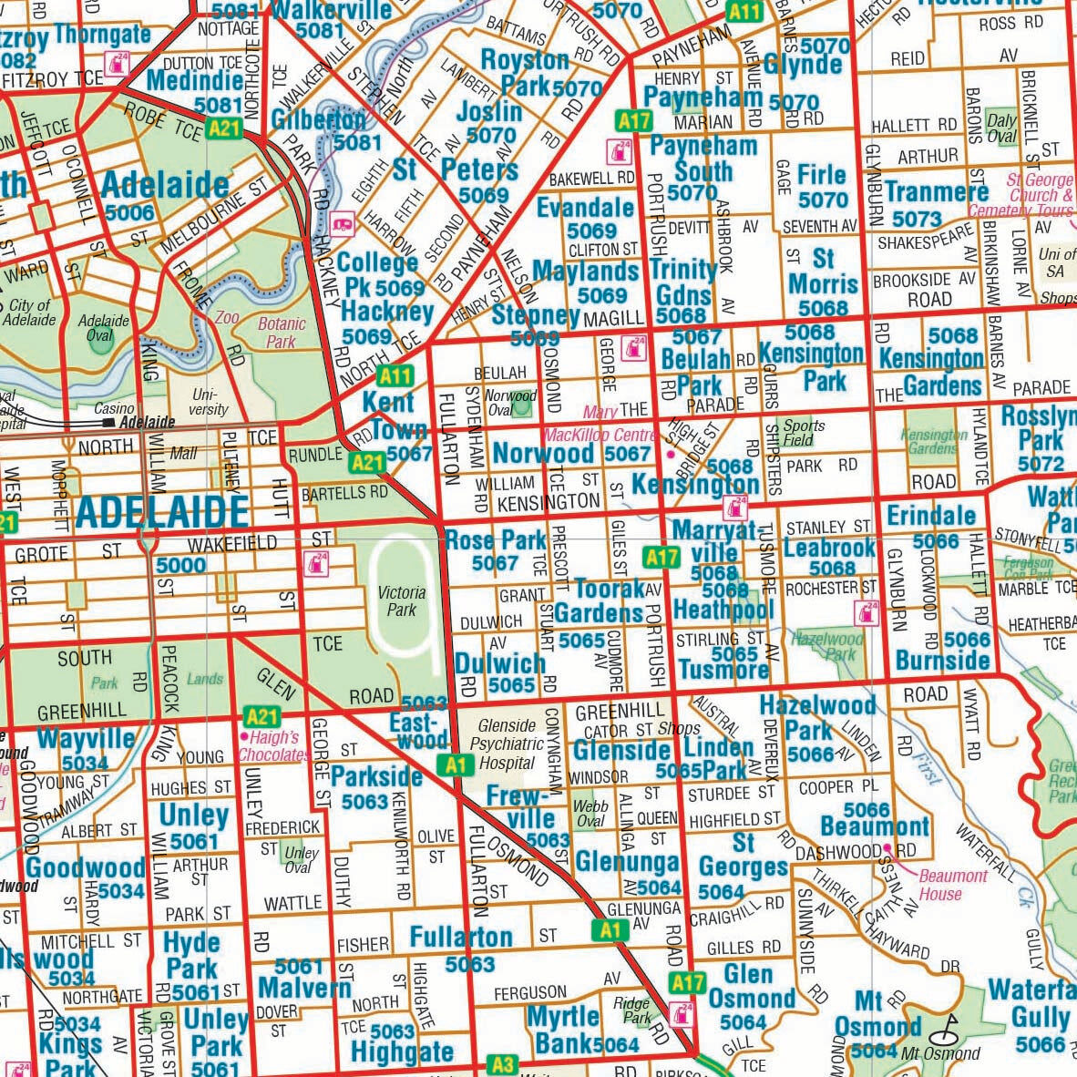 Close-up of the Hema Adelaide map showing the CBD, North Adelaide and eastern suburbs with postcodes