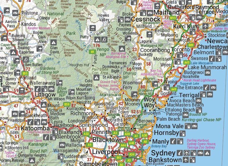 Close-up of the Hema NSW Handy Map around Sydney, the Blue Mountains and the Central Coast
