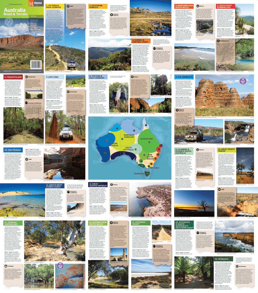 Reverse of the Hema Australia Road & Terrain map with an overview of Australia's iconic touring regions