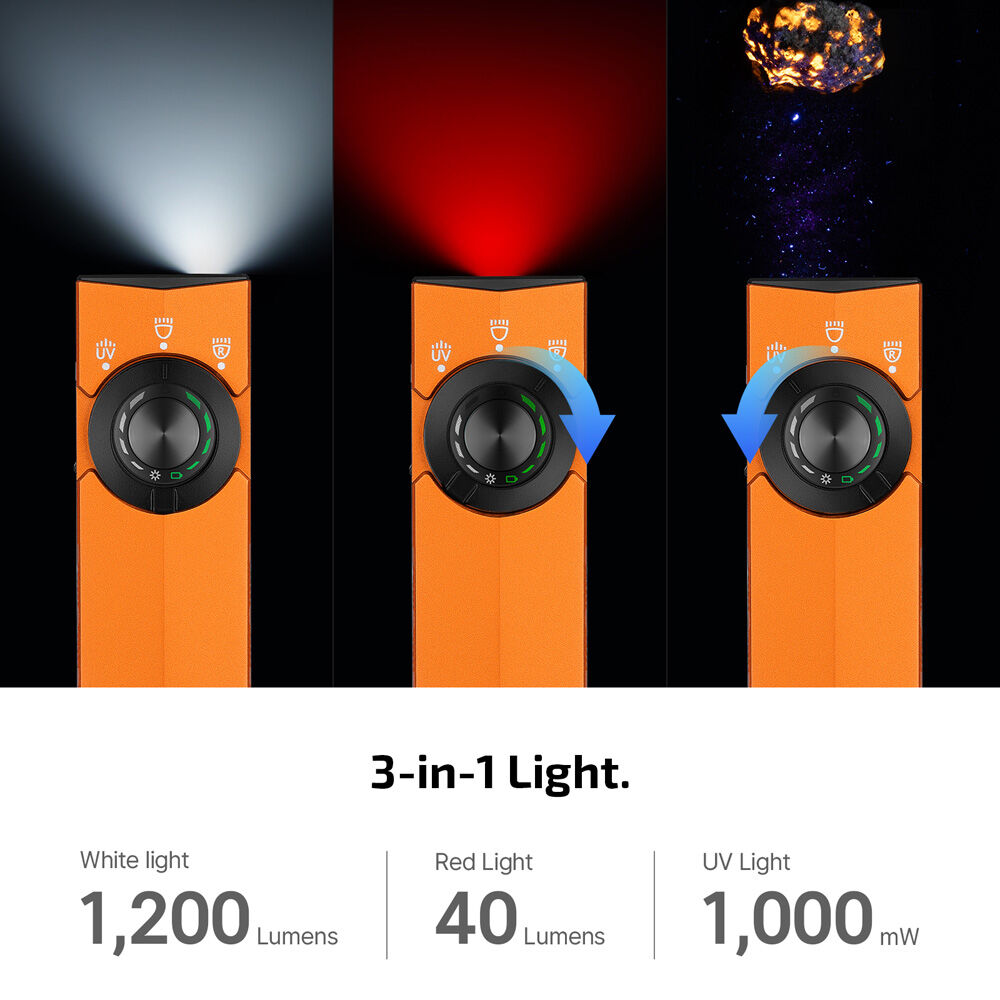 Olight ArkPro Lite in Orange showing white, red and UV light modes