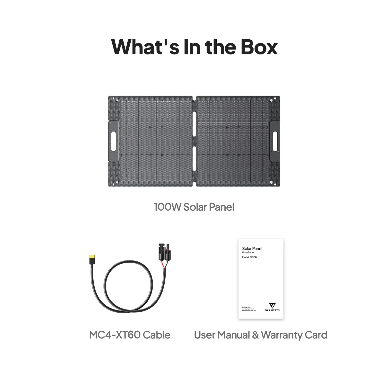 BLUETTI 100W solar panel with MC4 to XT60 cable, user manual and warranty card