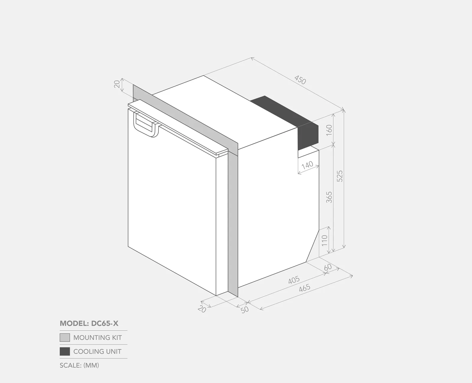 Bushman DC65-X dimensions drawing with mounting kit