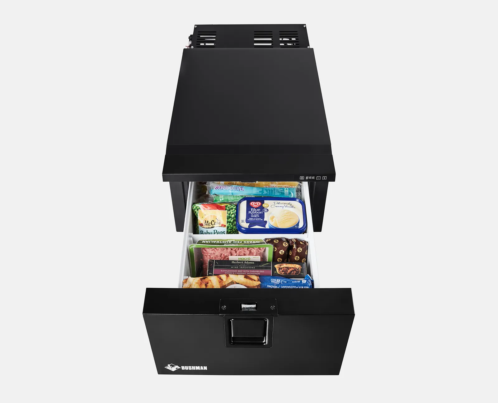 Bushman DF30-HD drawer open with frozen food