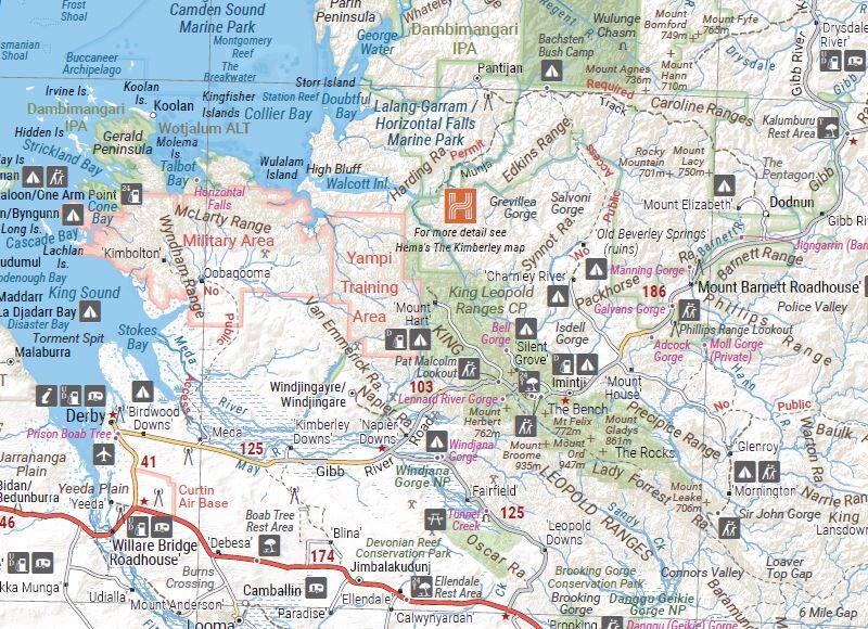 Close-up of the Hema WA Handy Map around Derby, the Gibb River Road and the King Leopold Ranges