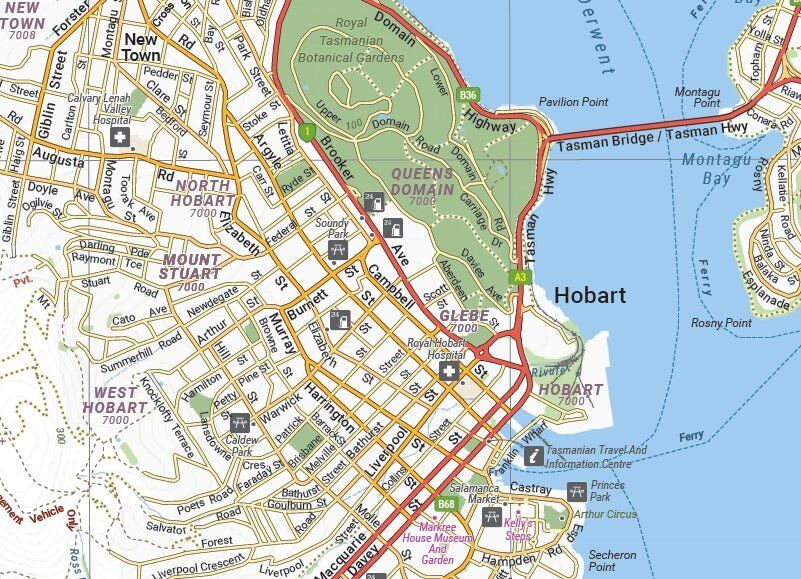 Hobart CBD map from the Hema Hobart map showing Salamanca, Queens Domain and the Tasman Bridge