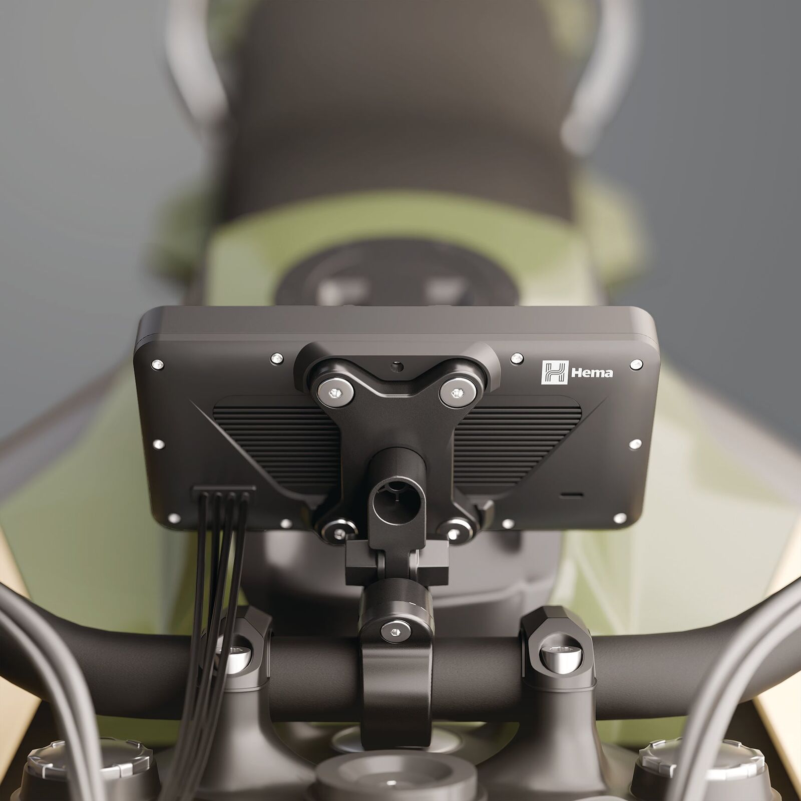 Rear view of the Hema HX-M1 on its handlebar mount showing the cable connections