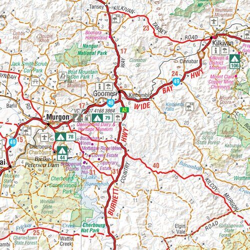 Hema map detail of the South Burnett around Murgon, Goomeri and Kilkivan with campsites and fuel