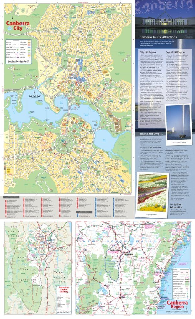 Reverse side of the Hema Canberra map with Canberra City, tourist attractions and ACT and region maps