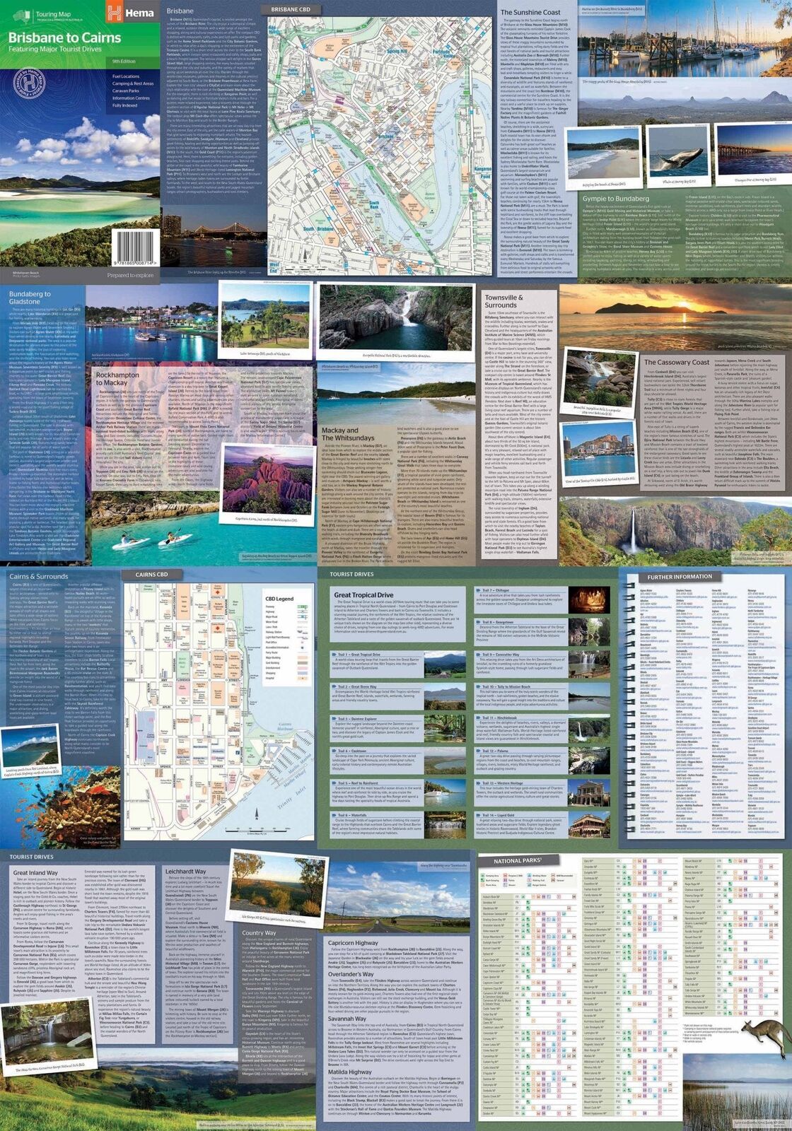 Reverse of the Hema Brisbane to Cairns map with city maps, regional touring notes and photos