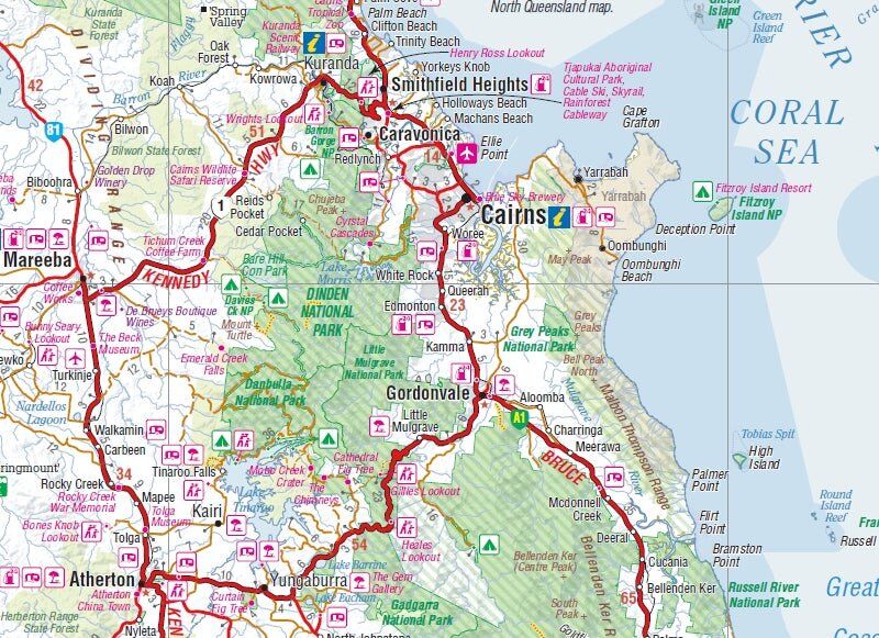 Cairns region inset on the Hema map showing Kuranda, Atherton, Gordonvale and the Coral Sea coast