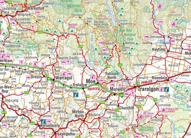 Close-up of the Hema Victoria Handy Map across Gippsland around Warragul, Moe and Traralgon