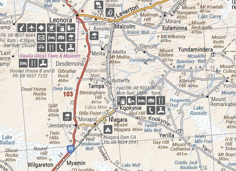 Close-up of the Great Desert Tracks Western Sheet around Leonora and Laverton with service symbols and distances