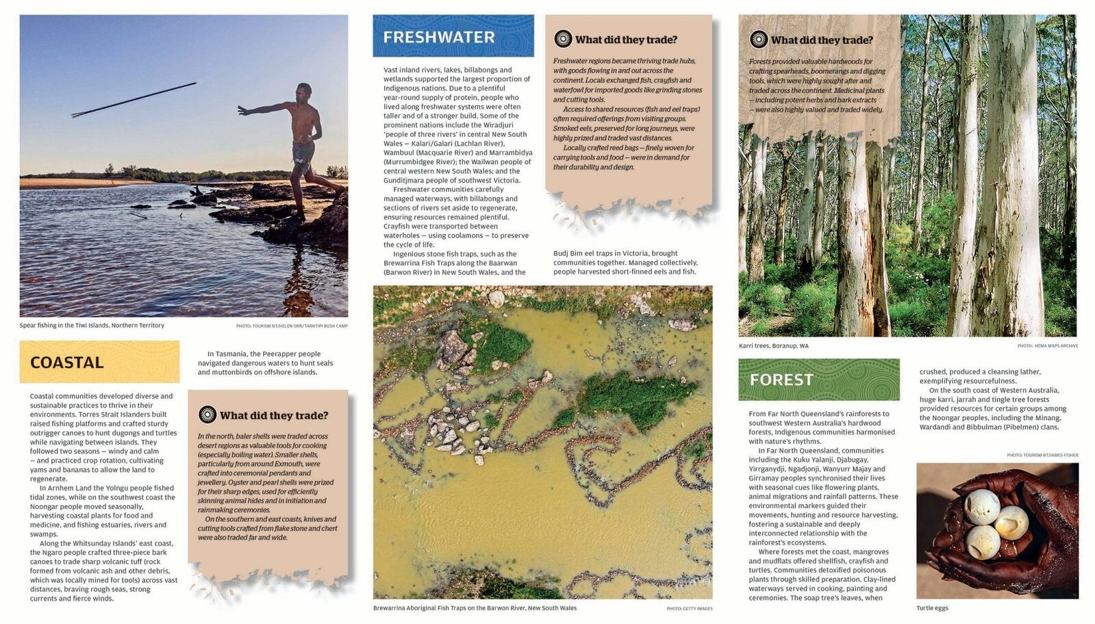 Reverse of the Indigenous Journeys map with notes on coastal, freshwater and forest trade and culture