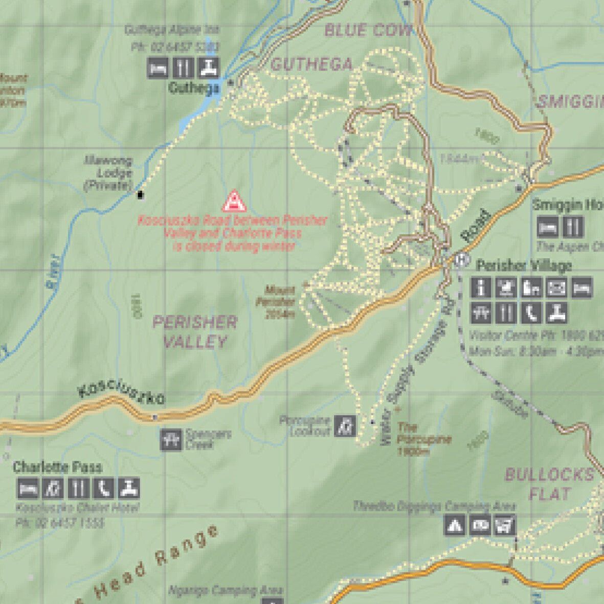 Close-up of the Hema map around Perisher Valley, Guthega and Charlotte Pass