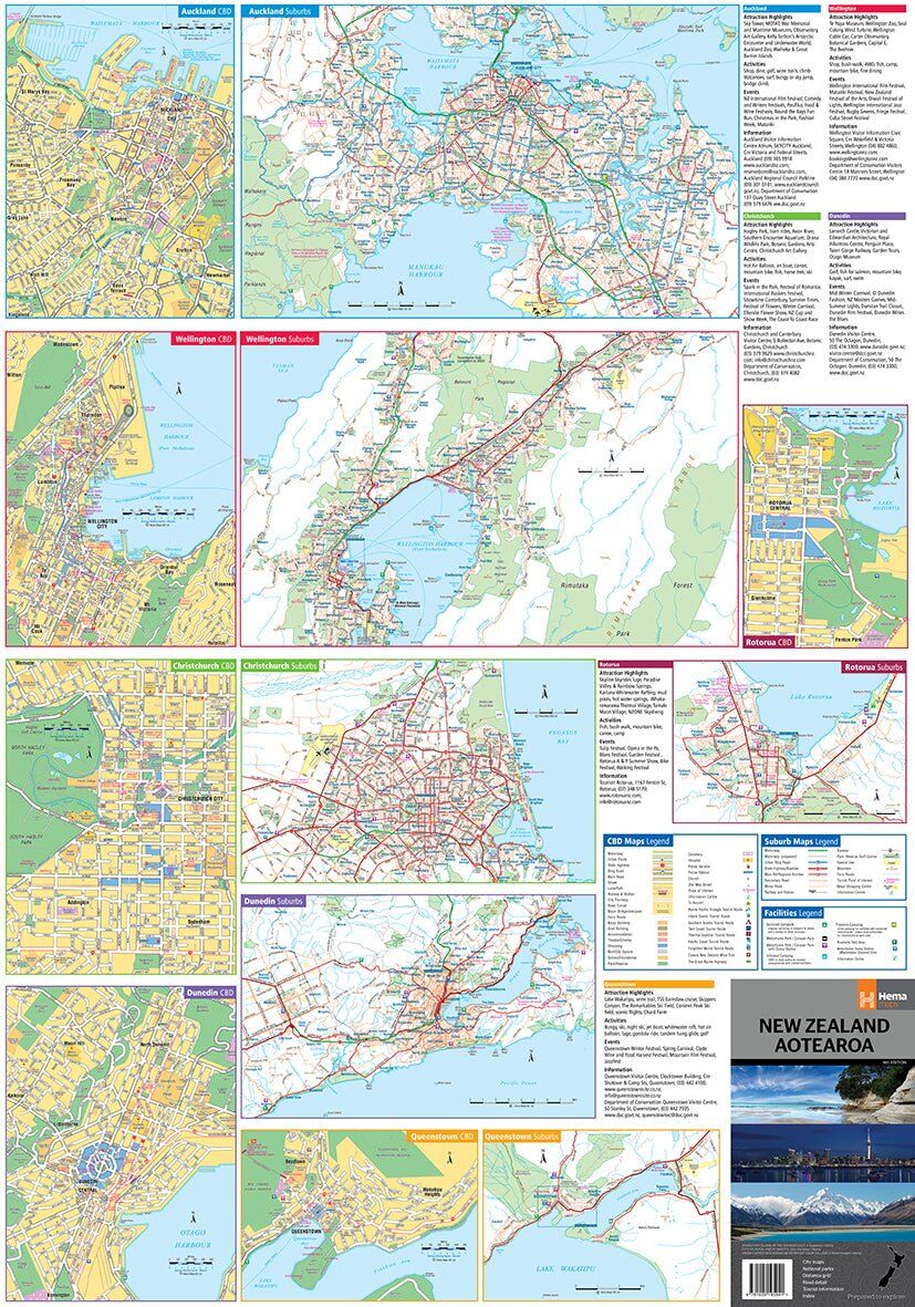 Reverse side of the Hema New Zealand map with CBD and suburb maps of six cities