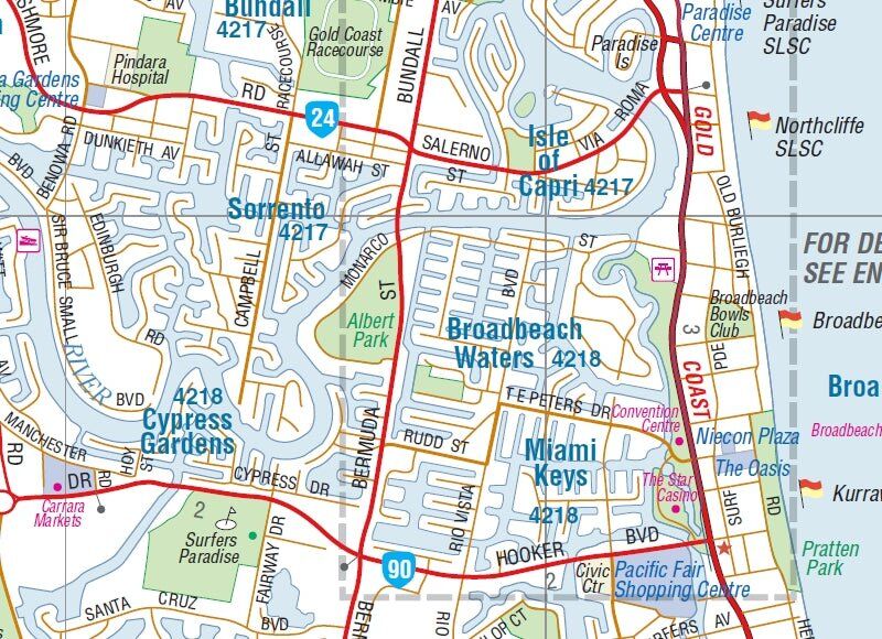 Close-up of the Hema Gold Coast map around Broadbeach, Surfers Paradise and Isle of Capri