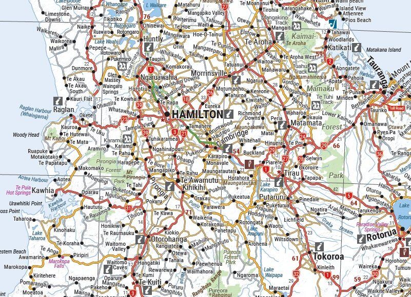 Close-up of the Hema North Island map around Hamilton, Rotorua and Tauranga