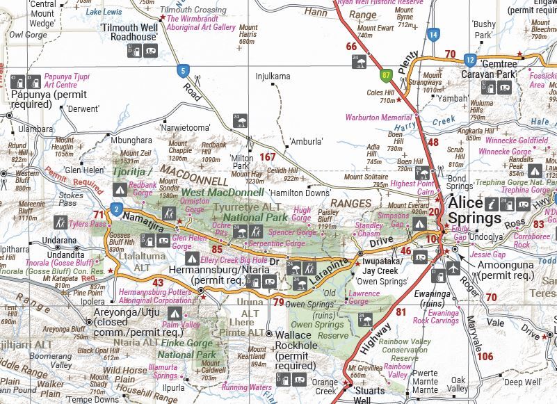 Close-up of the Hema NT Handy Map around Alice Springs and the West MacDonnell Ranges