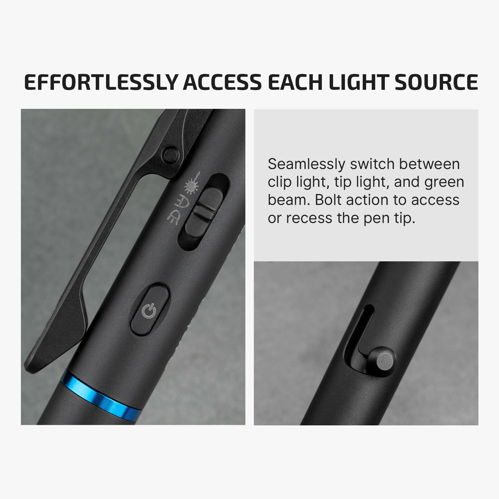 Olight Black Open 3 pen with multiple light sources and bolt action for everyday carry.