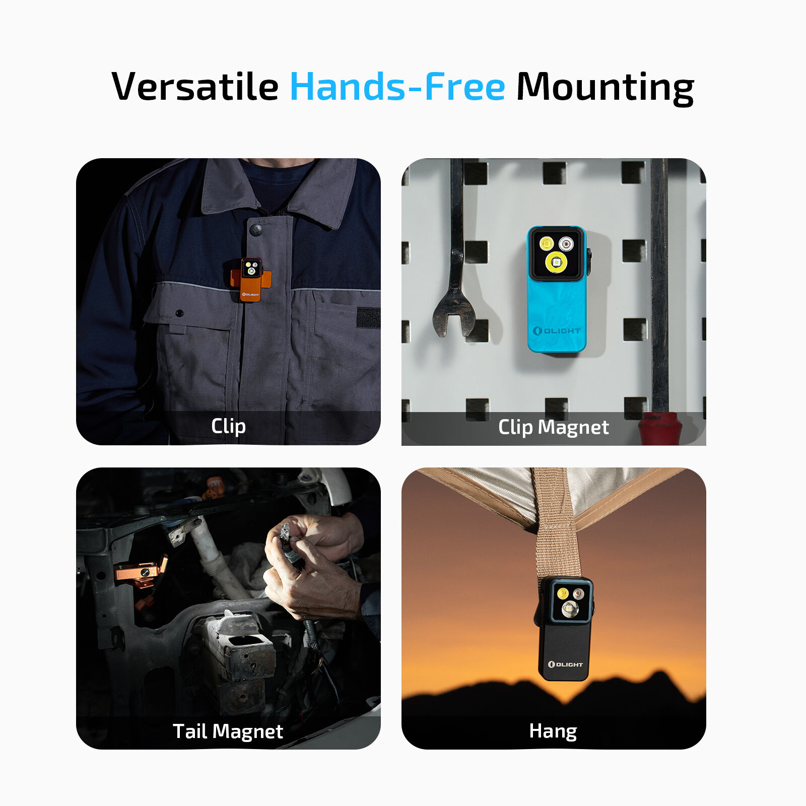 Olight Oclip 2 Pro hands-free clip light showing magnetic mounting, hanging, and wearing options for outdoor and work use