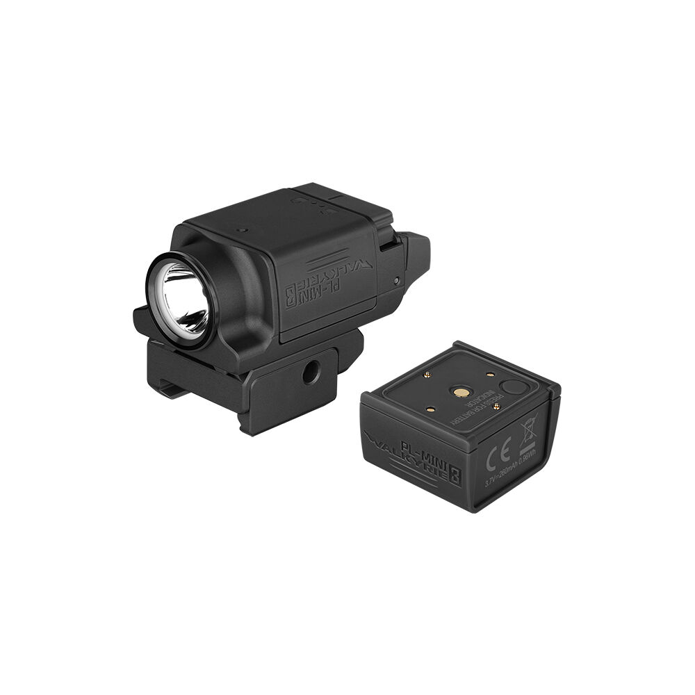 Olight PL-Mini 3 Valkyrie black rail light with its removable battery pack taken out