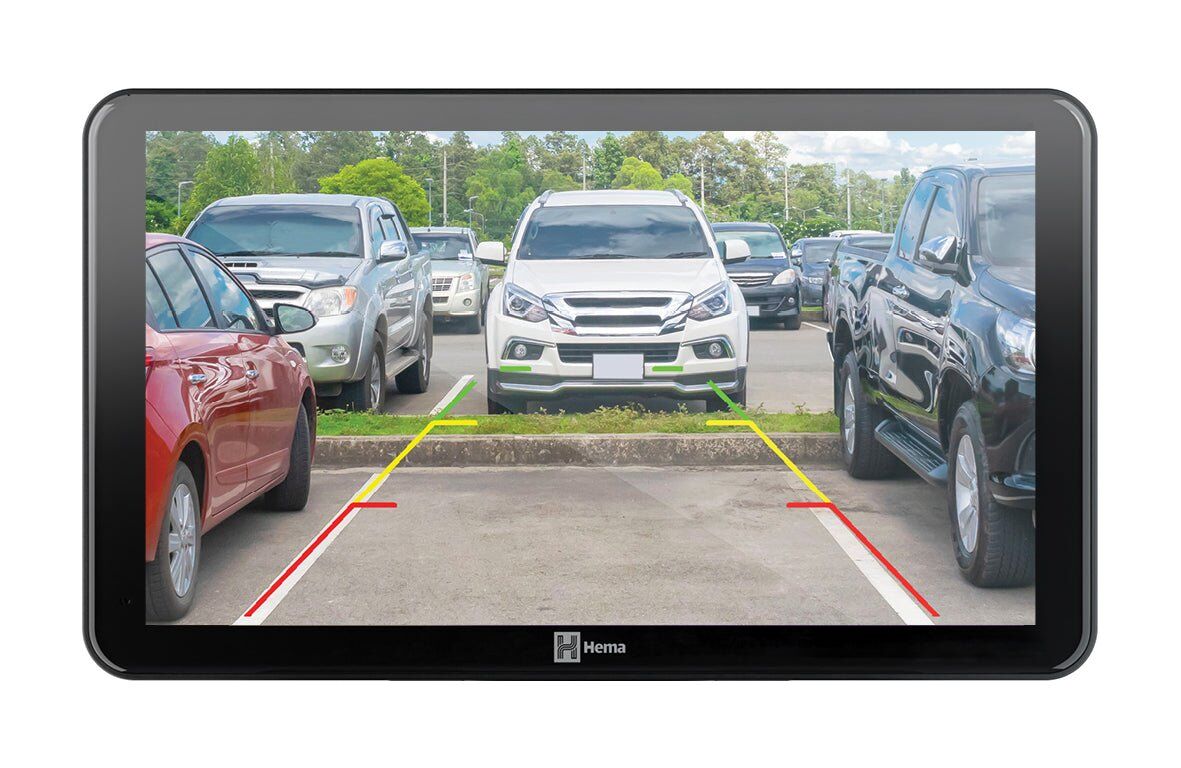 Hema HR-1 Nav showing the rear camera view with parking guidelines while reversing into a car park