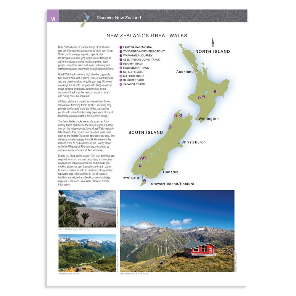 Hema New Zealand atlas page showing a map of New Zealand's Great Walks with photos